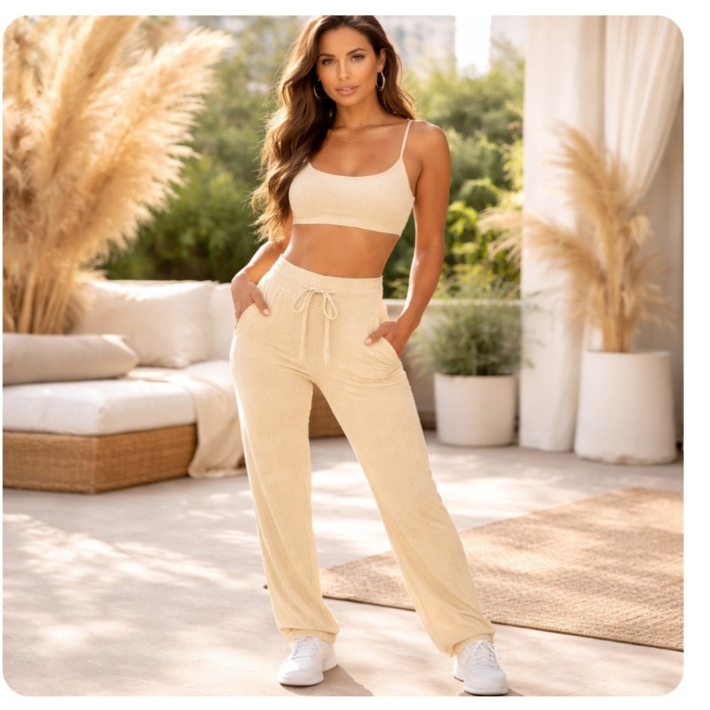 DANIELLE BERNSTEIN Towel Terry Kick Flare Top Pants Set Taupe S NWT